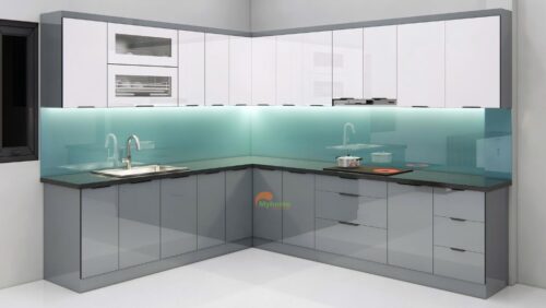 Mẫu tủ bếp inox cánh kính chữ L kích thước 2.6x3.1m với tông màu ghi - trắng hiện đại, nổi bật.