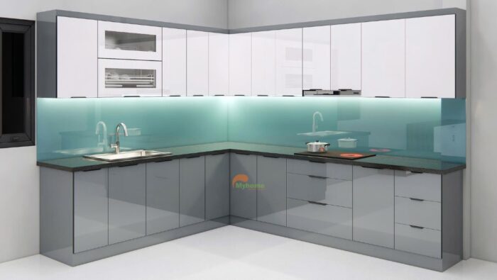 Mẫu tủ bếp inox cánh kính chữ L kích thước 2.6x3.1m với tông màu ghi - trắng hiện đại, nổi bật.