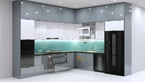 Tủ bếp inox cánh kính chữ L kích thước 3.5x3.5m 2
