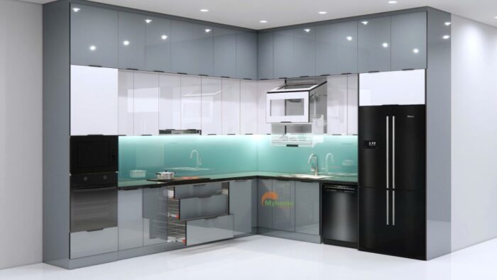 Tủ bếp inox cánh kính chữ L kích thước 3.5x3.5m 2