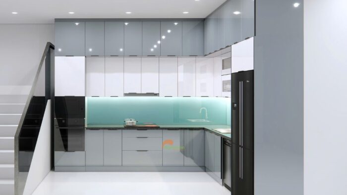 Tủ bếp inox cánh kính chữ L kích thước 3.5x3.5m 3