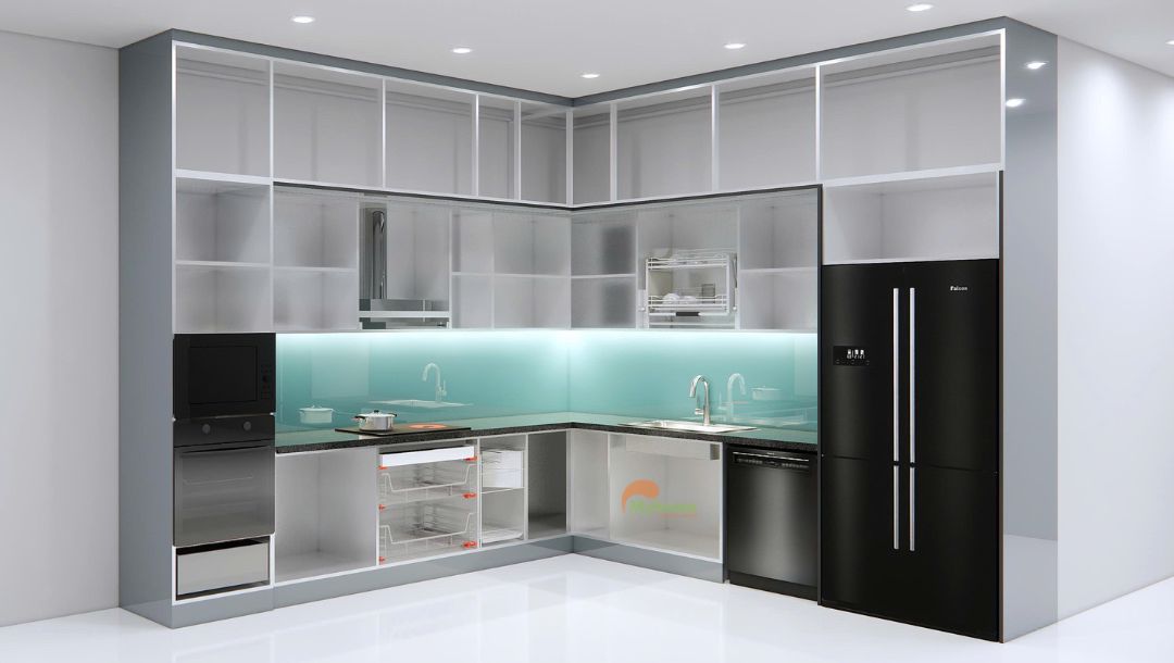 Tủ bếp inox cánh kính chữ L kích thước 3.5x3.5m 4