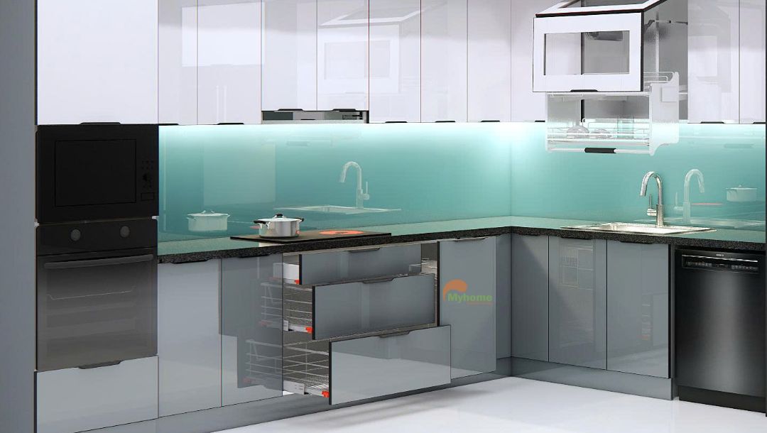 Tủ bếp inox cánh kính chữ L kích thước 3.5x3.5m 5