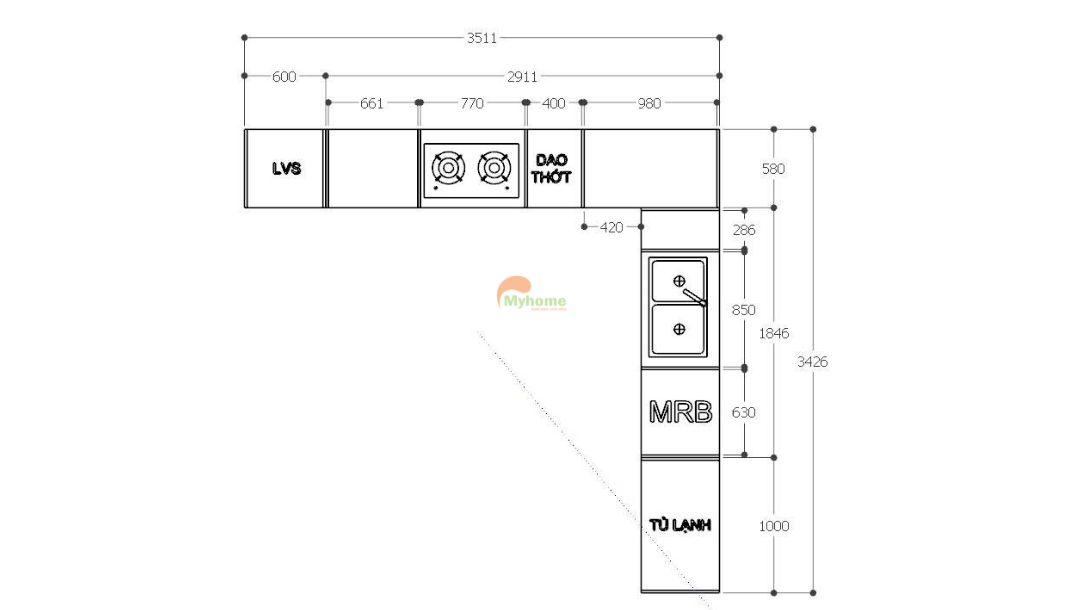 Mặt bằng tủ bếp inox cánh kính chữ L kích thước 3.5x3.5m