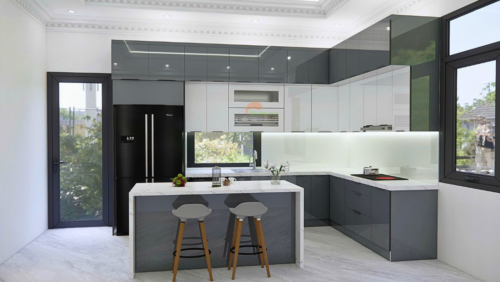 Tủ bếp inox cánh kính kết hợp bàn đảo tạo điểm nhấn nổi bật cho gian bếp