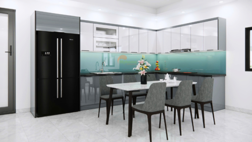 Tổng thể tủ bếp inox chữ L thiết kế hiện đại, gam màu trung tính mang đến không gian bếp sang trọng và gọn gàng.