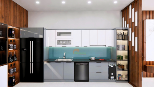 Tổng thể tủ bếp inox cánh kính chữ I dài 4.5m mang phong cách hiện đại, gọn gàng