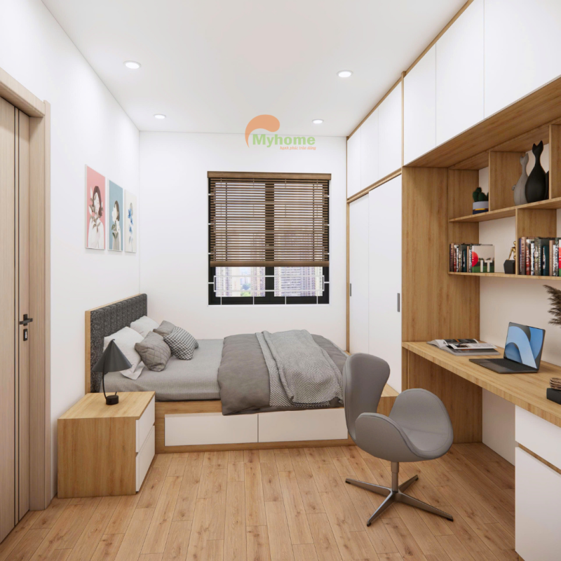 Phòng ngủ nhỏ 15m2 thiết kế hiện đại với tone trắng – vân gỗ ấm áp, bố cục gọn gàng và tối ưu diện tích hiệu quả.