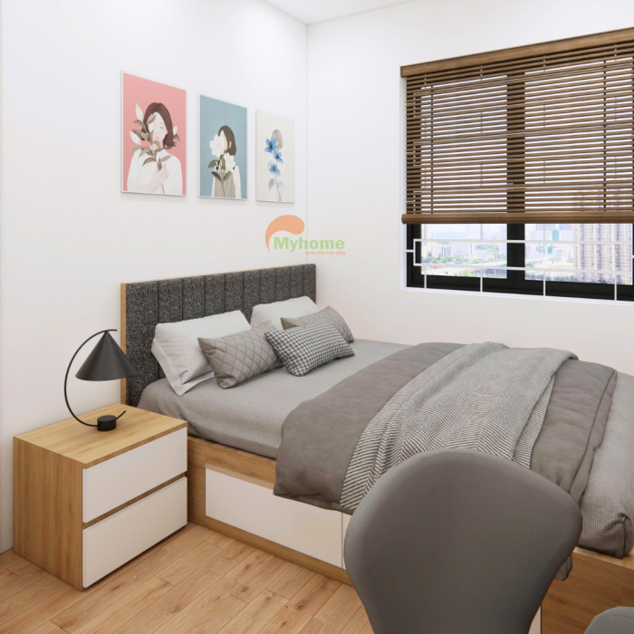 Giường ngủ tích hợp hộc kéo thông minh giúp tăng không gian lưu trữ, phù hợp phòng ngủ chung cư diện tích nhỏ.