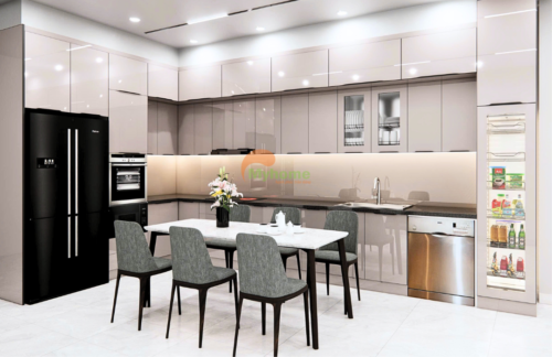 Tủ bếp inox kịch trần tone kem, thiết kế gọn gàng và hiện đại.
