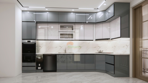 Thi công tủ bếp inox chữ L chuẩn kỹ thuật, từng chi tiết được hoàn thiện tỉ mỉ.