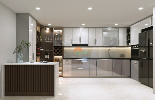 Lắp đặt tủ bếp inox với hệ phụ kiện đồng bộ, đóng mở êm ái.