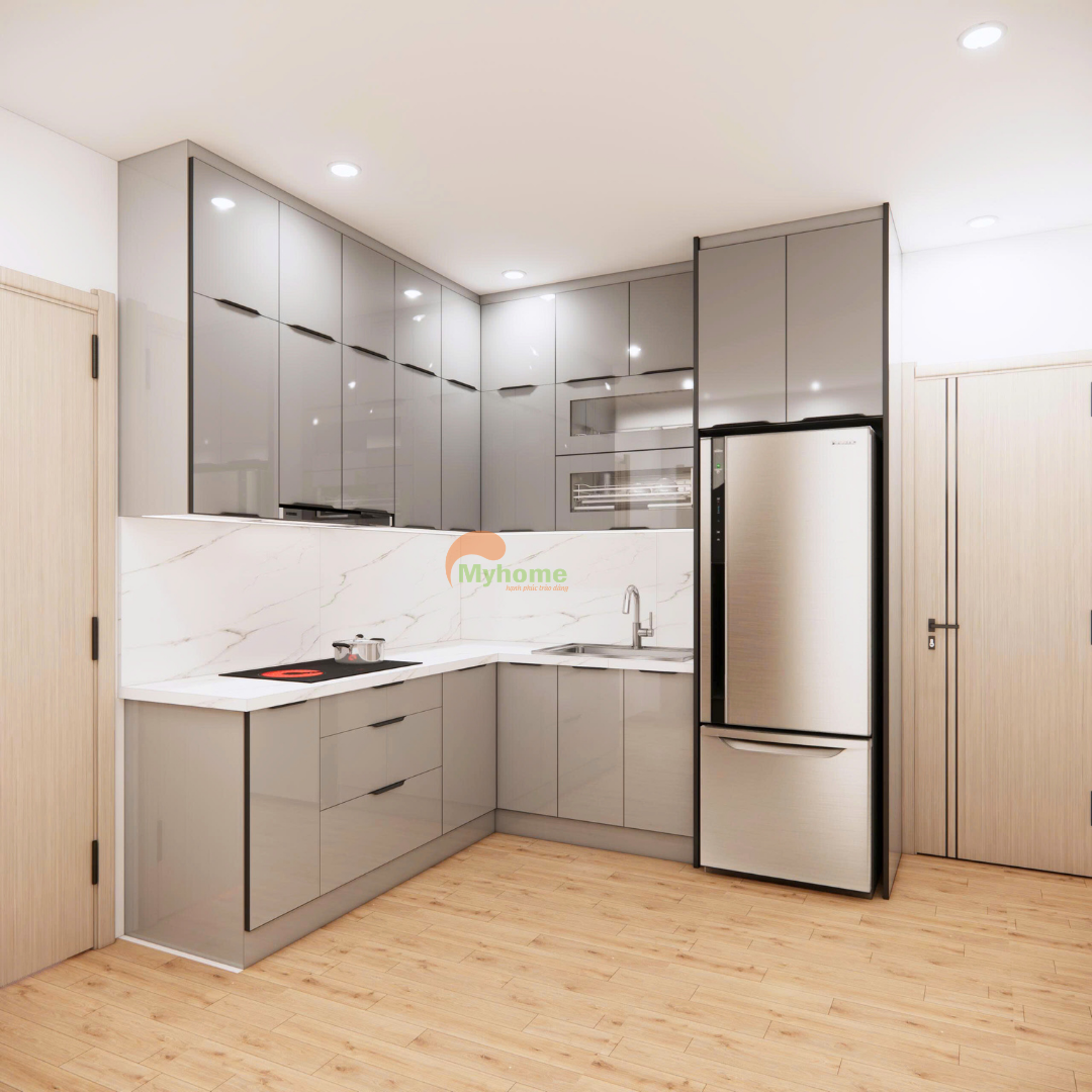 Hệ tủ bếp chữ L kịch trần tối ưu diện tích lưu trữ, bề mặt cánh phẳng bóng mịn dễ vệ sinh