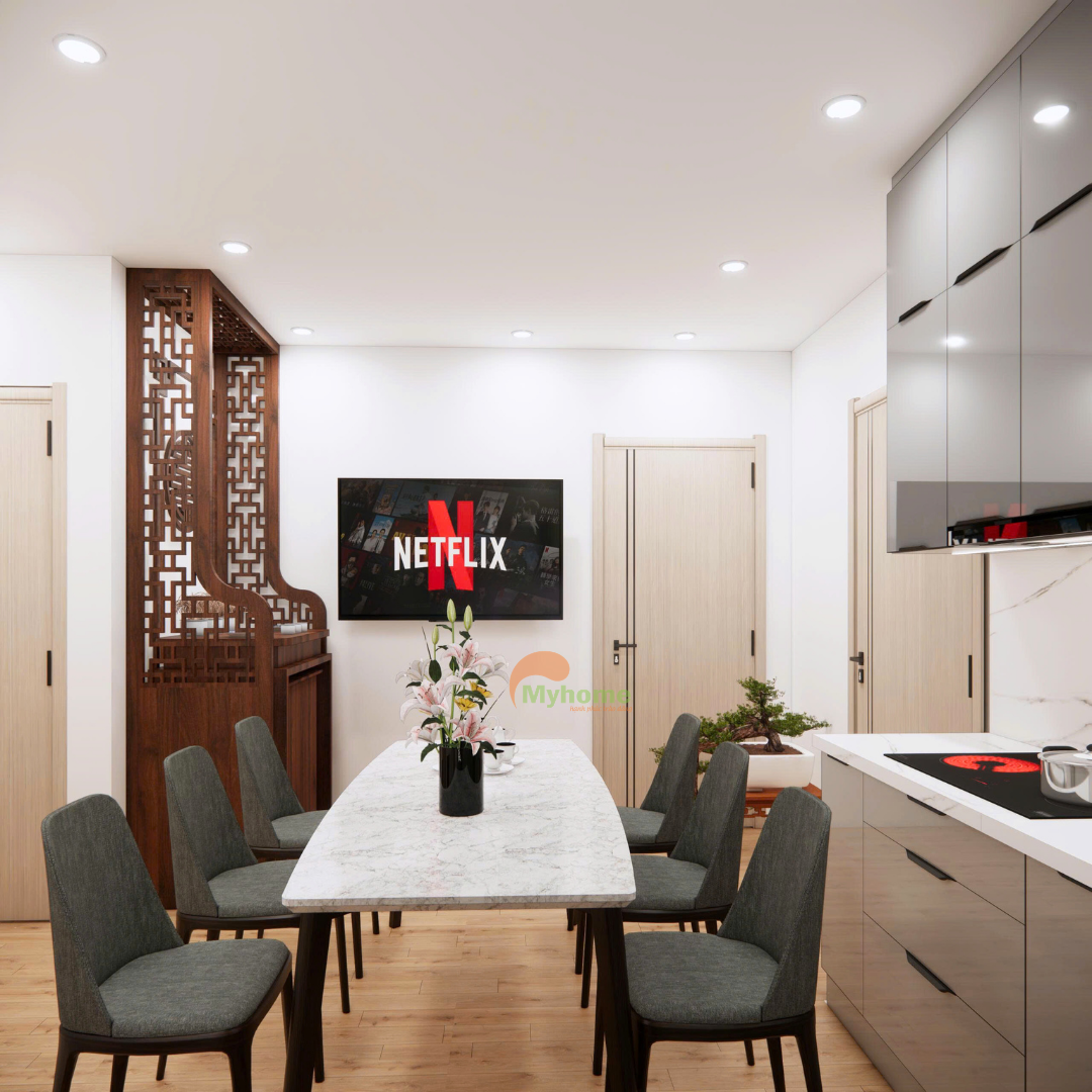 Tổng thể phòng bếp kết hợp phòng thờ trong căn hộ chung cư được bố trí khoa học