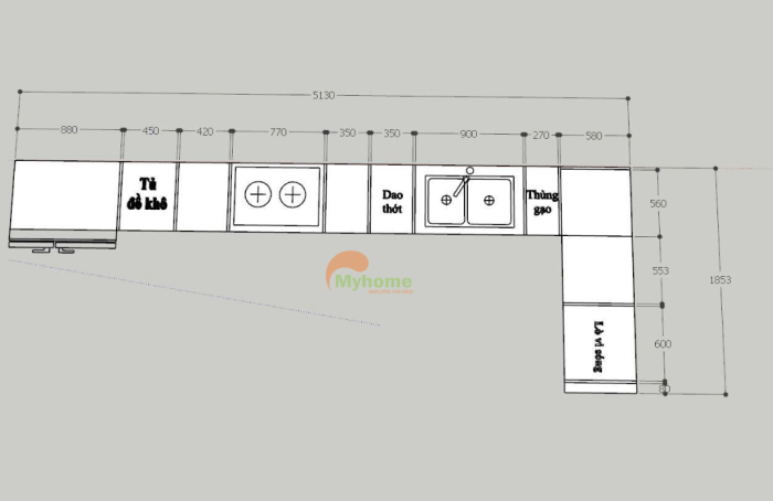 Bản vẽ kích thước tủ bếp inox cánh kính 5.1x1.8