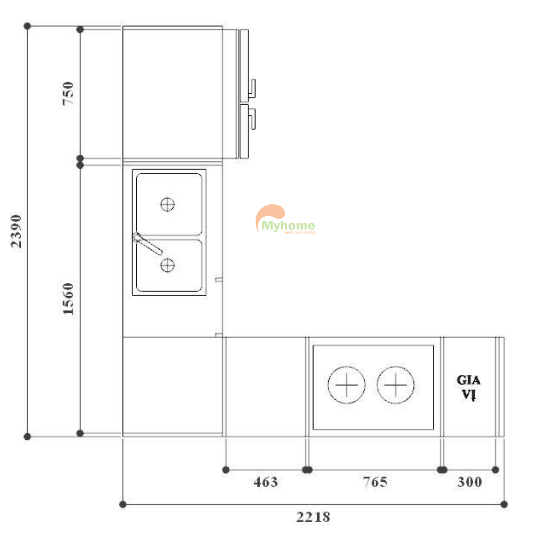 Bản vẽ kích thước phòng bếp kết hợp phòng thờ