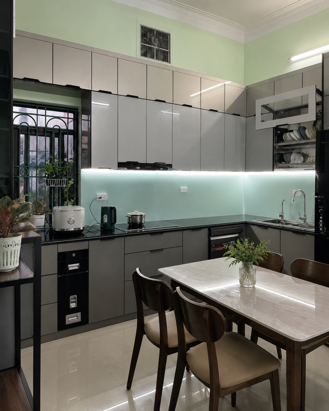 Tủ bếp cánh kính hiện đại chữ L với bàn ăn nhỏ gọn trong không gian bếp gia đình