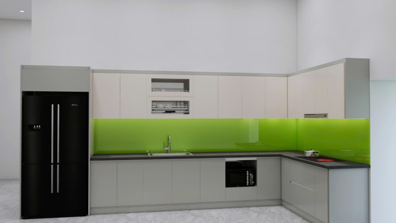 Tủ bếp inox cánh acryli mầu ghi trắng chữ L
