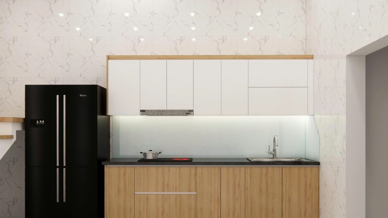 Tủ bếp cánh acryli chữ I vân gỗ