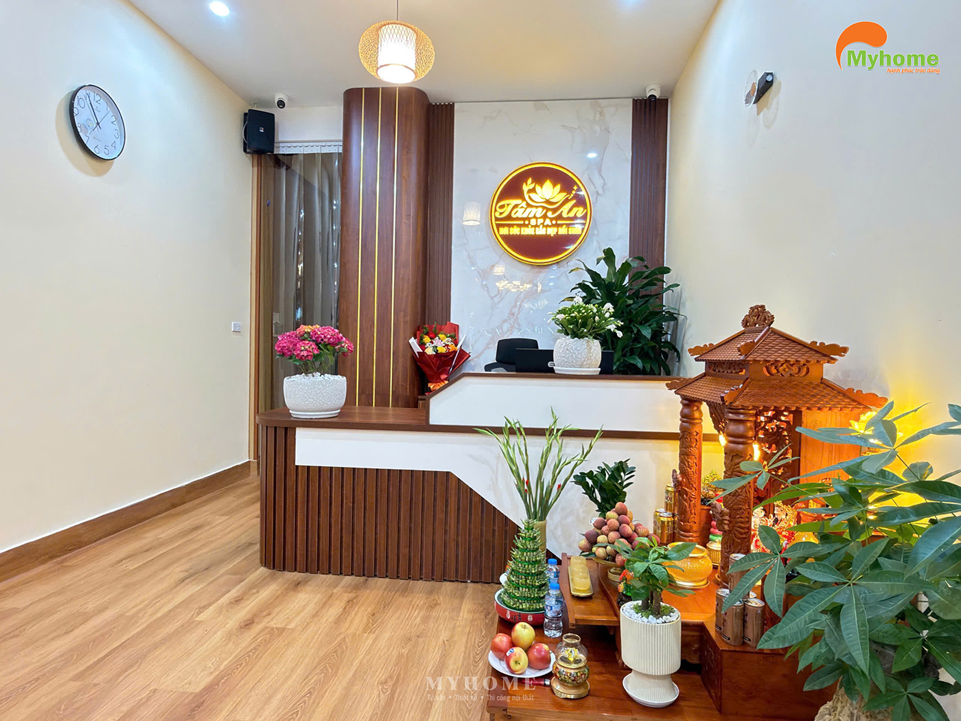 Không gian quầy lễ tân Spa Tâm An sau hoàn thiện