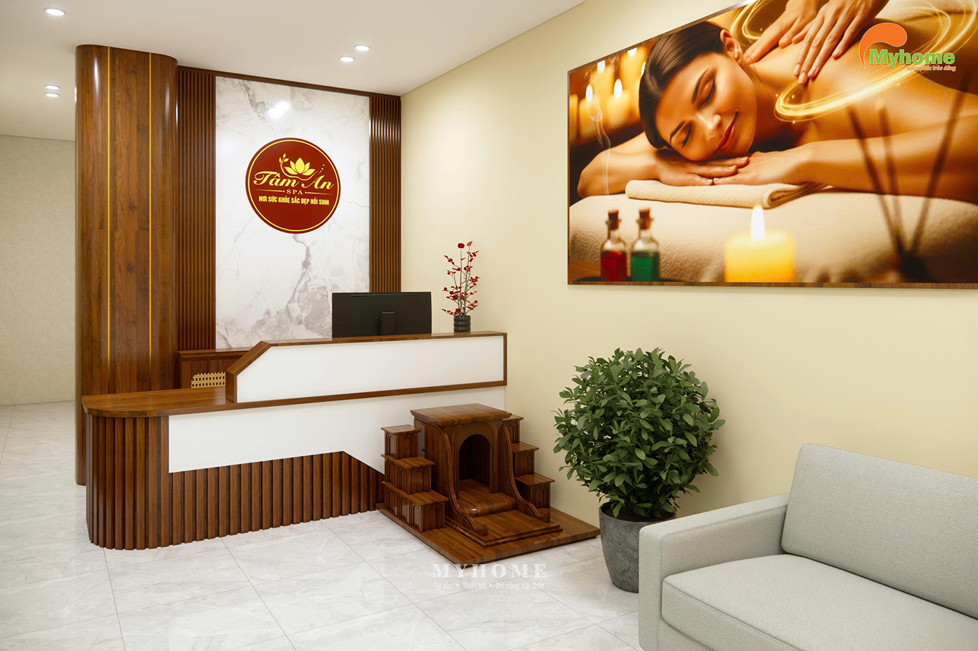 Thiết kế 3D quầy tiếp đón Spa Tâm An