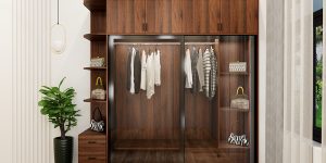 Tủ quần áo 5 buồng cánh kính lùa ray giảm chấn màu óc chó có ô trang trí mẫu 6 (2)