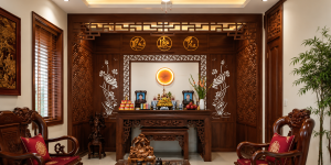 Công trình thực tế nội thất phòng thờ gỗ truyền thống do Myhome thi công